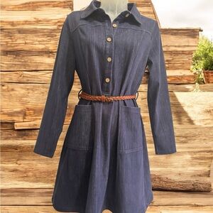 Allegra K Denim Dress S Half Button Front Pullover Blue Wash Denim Cotton